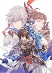  5boys belial_(granblue_fantasy) black_gloves blue_eyes brown_hair character_request demon_horns gloves granblue_fantasy grin hair_between_eyes highres hood hood_down horns lucifer_(shingeki_no_bahamut) male_focus multiple_boys red_scarf sandalphon_(granblue_fantasy) scarf shouting smile someta_ni standing twitter_username violet_eyes white_background white_hair 