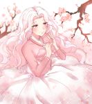  1girl branch cherry_blossoms dress hands_up highres long_hair looking_at_viewer original outdoors pink_dress red_eyes ronpu_cooing skirt smile solo sparkle standing white_hair white_skirt 