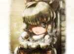  1girl alpaca_ears alpaca_suri_(kemono_friends) animal_ears bangs blonde_hair blue_eyes cup eyebrows_visible_through_hair fur_scarf hair_over_one_eye hands_up head_tilt highres holding holding_tray horizontal_pupils kemono_friends looking_at_viewer medium_hair open_mouth scarf smile solo stealstitaniums steam teacup tray upper_body 