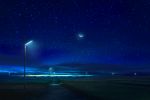  blue clouds commentary_request crescent_moon dark field grass lamppost light mks moon night night_sky no_humans original outdoors road scenery sky star_(sky) starry_sky 