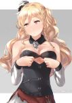  1girl bare_shoulders blonde_hair blush breasts character_request cleavage collarbone commentary_request curly_hair detached_sleeves grey_background hands_up juurouta kantai_collection long_hair long_sleeves looking_away silver_trim simple_background solo thick_eyebrows twitter_username white_sleeves wing_collar zara_(kantai_collection) 