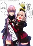  2girls anger_vein bangs biting black_legwear blue_eyes clothes_writing fang girls_frontline gloves hair_between_eyes hands_on_another&#039;s_chest headgear highres jacket korean lip_biting long_hair m4_sopmod_ii_(girls_frontline) megaphone multicolored_hair multiple_girls on_head open_mouth pink_hair red_eyes redhead ro635_(dinergate) st_ar-15_(girls_frontline) streaked_hair tally tears thigh-highs translation_request white_background yellowseeds 
