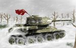  commentary engrish_commentary ground_vehicle military military_vehicle motor_vehicle no_humans original sky snow snowing soviet_flag t-34 tank thesourkraut tree 