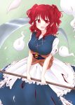  1girl asuka_(k-chinatsu-823) breasts commentary_request hair_bobbles hair_ornament hitodama holding holding_scythe looking_at_viewer obi onozuka_komachi open_mouth petals red_eyes redhead sash scythe solo standing touhou two_side_up 