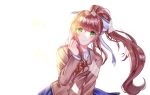  1girl bangs blue_skirt blush bow breasts brown_hair doki_doki_literature_club eyebrows_visible_through_hair green_eyes hair_bow hair_ribbon hand_up long_hair looking_at_viewer monika_(doki_doki_literature_club) ponytail ribbon ronpu_cooing school_uniform shirt simple_background skirt smile solo very_long_hair white_ribbon 