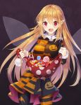  1girl alternate_color bangs black_background blonde_hair breasts candy clownpiece cowboy_shot dress fairy_wings fang food hair_between_eyes halloween hat hat_removed headwear_removed holding holding_hat jack-o&#039;-lantern jester_cap lollipop long_hair long_sleeves looking_at_viewer medium_breasts neck_ruff open_mouth pantyhose pointy_ears red_eyes red_hat short_dress simple_background smile solo striped touhou transparent_wings very_long_hair wings z.o.b 