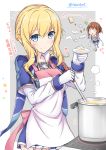  0_0 2girls apron azur_lane bangs blonde_hair blue_capelet blue_eyes blue_skirt blush bow braid bread brown_hair capelet chibi closed_mouth cooking eyebrows_visible_through_hair food french_braid fried_egg gloves grey_background hair_between_eyes highres holding holding_saucer ladle loaf_of_bread long_hair long_sleeves looking_at_viewer multiple_girls navel pink_bow plate pleated_skirt renown_(azur_lane) repulse_(azur_lane) saucer sausage shirt short_hair sidelocks skirt smile sunny_side_up_egg takeg05 thigh-highs translated triangle_mouth twitter_username two-tone_background walking white_apron white_background white_gloves white_shirt zettai_ryouiki 