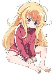  1girl ahoge blonde_hair blue_eyes gabriel_dropout hood hoodie ixy jacket long_hair looking_at_viewer messy_hair tenma_gabriel_white track_jacket very_long_hair 