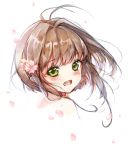  1girl :d absurdres antenna_hair bangs bare_shoulders blush brown_hair card_captor_sakura clouble commentary_request eyebrows_visible_through_hair flower green_eyes hair_flower hair_intakes hair_ornament head_tilt highres kinomoto_sakura long_hair looking_at_viewer looking_to_the_side open_mouth petals pink_flower portrait simple_background smile solo upper_teeth white_background 
