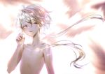  1other absurdres androgynous colored_eyelashes crystal_hair ghost_quartz_(houseki_no_kuni) grey_eyes hand_in_hair highres houseki_no_kuni looking_at_viewer nude short_hair_with_long_locks silver_hair smile solo upper_body white_eyes white_hair 