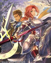  1boy 1girl breastplate brown_hair faulds fire_emblem fire_emblem:_souen_no_kiseki garter_straps green_eyes greil holding holding_polearm holding_sword holding_weapon long_hair looking_at_viewer nij_24 nintendo outdoors poleaxe ponytail red_legwear redhead riding shoulder_armor smile spaulders sword thigh-highs tiamat_(fire_emblem) weapon 