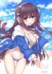 1girl :d azur_lane bangs bare_shoulders beach blue_eyes blue_jacket blue_sky blush bow breasts brown_hair chains cleavage clouds cloudy_sky commentary_request day eyebrows_visible_through_hair front-tie_bikini front-tie_top gluteal_fold groin hair_between_eyes halter_top halterneck headphones highres horizon jacket large_breasts long_hair long_island_(azur_lane) long_sleeves navel ocean off_shoulder open_clothes open_jacket open_mouth out_of_frame outdoors sand sky sleeves_past_fingers sleeves_past_wrists smile solo_focus takeg05 thigh_gap translated twitter_username very_long_hair water white_bow 