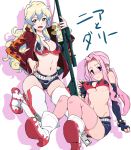  +_+ 2girls belt bikini_pull bikini_top black_gloves black_shorts blonde_hair blue_eyes blue_hair blush boots bracelet breasts cloud_hair cosplay curly_hair darry_adai earrings fingerless_gloves flame_print gloves green_eyes gun hair_between_eyes hand_on_hip highres jacket jewelry kneeling large_breasts long_hair looking_at_viewer medium_breasts multicolored_hair multiple_girls navel nia_teppelin nose_blush open_clothes open_jacket pink_hair pink_legwear ponytail pretty-purin720 red_jacket revealing_clothes rifle shadow short_shorts shorts sidelocks simple_background stomach studded_belt tengen_toppa_gurren_lagann thigh-highs thigh_boots two-tone_hair weapon white_background white_legwear yoko_littner yoko_littner_(cosplay) zipper zipper_pull_tab 