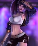  1girl absurdres akali asymmetrical_clothes bangle belt blue_eyes bracelet breasts eyeliner hat headset heart highres idol jacket jewelry k/da-akali league_of_legends lipstick makeup millalol nail nail_polish ponytail purple_hair red_nails solo weapon 