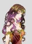  1girl armlet breasts brown_eyes brown_hair cleavage collarbone grey_background headpiece long_hair looking_at_viewer medium_breasts meimi_k parted_lips simple_background smile solo striped upper_body very_long_hair wonder_woman wonder_woman_(series) 