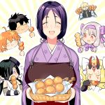  2boys 5girls 7dango7 ahoge ainu_clothes apron armor bangs black_gloves black_hair blonde_hair blush bow breasts cape chibi chibi_inset closed_eyes dango eating eyepatch facial_mark fate/extra fate/grand_order fate_(series) fishnets floral_print food forehead_mark fujimaru_ritsuka_(female) fujimaru_ritsuka_(male) gawain_(fate/grand_order) gloves hair_bow hair_ornament hair_scrunchie hairband horns ibaraki_douji_(fate/grand_order) ibaraki_douji_(swimsuit_lancer)_(fate) illyasviel_von_einzbern japanese_clothes kimono large_breasts long_hair minamoto_no_raikou_(fate/grand_order) mochizuki_chiyome_(fate/grand_order) multiple_boys multiple_girls one_side_up oni oni_horns open_mouth orange_hair parted_bangs purple_bow purple_hair purple_kimono purple_scarf red_eyes scarf scrunchie short_hair sidelocks sitonai skewer sleeveless sleeveless_kimono smile spiky_hair tattoo twintails very_long_hair violet_eyes wagashi white_bow white_kimono wide_sleeves yellow_eyes 