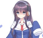  1girl azur_lane bangs blue_eyes blue_jacket blush brown_hair closed_mouth collarbone collared_shirt empty_eyes eyebrows_visible_through_hair hair_between_eyes hand_up headphones heart highres jacket long_hair long_island_(azur_lane) long_sleeves looking_at_viewer necktie off_shoulder red_neckwear shirt sidelocks simple_background sleeves_past_fingers sleeves_past_wrists smile solo takeg05 very_long_hair white_background white_shirt 