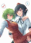  2girls arm_around_back ascot bangs belt between_breasts black_hair black_neckwear breasts bright_background carrying closed_mouth collared_shirt eighth_note eyebrows female green_hair hair_between_eyes half-closed_eyes hand_on_another&#039;s_back hand_on_another&#039;s_shoulder hat highres kazami_yuuka long_sleeves looking_at_viewer medium_hair multiple_girls musical_note necktie necktie_between_breasts open_mouth orange_neckwear pants plaid plaid_pants plaid_vest pointy_ears princess_carry red_eyes red_pants red_vest retora shameimaru_aya shirt short_sleeves smile spoken_musical_note spoken_sweatdrop sweat sweatdrop tokin_hat touhou upper_body v-shaped_eyebrows vest white_pupils white_shirt wristband yuri 