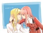  2girls belt blonde_hair blue_eyes buttons character_name closed_mouth crossover darling_in_the_franxx hair_intakes hair_ornament hairband hand_behind_head horns imminent_kiss leaning_forward long_hair looking_at_another military military_uniform multiple_girls necktie orange_neckwear parted_lips pink_hair red_horns red_shirt season_connection shirt sidelocks slms uniform violet_evergarden violet_evergarden_(character) white_shirt yuri zero_two_(darling_in_the_franxx) 