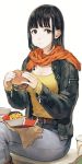  1girl belt black_hair braid brown_eyes cup denim disposable_cup eating food french_fries hamburger highres holding jacket jeans jun_(seojh1029) medium_hair original pants scarf simple_background sitting solo white_background 