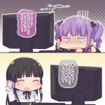  2girls 2koma :d ^_^ arm_warmers ayasaka bang_dream! bangs black_bow black_hair blunt_bangs blush bow cellphone closed_eyes closed_eyes comic commentary_request crying frilled_shirt_collar frills giving_up_the_ghost gloom_(expression) hair_bow halftone halftone_background keyboard_(computer) long_hair long_sleeves monitor multiple_girls neck_ribbon open_mouth phone purple_hair ribbon shirokane_rinko shirt smartphone smile talking_on_phone translation_request twintails udagawa_ako white_shirt 