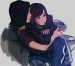  2girls black_hair brown_hair controller couch d.mon_(overwatch) d.va_(overwatch) facepaint game_controller grey_background hood hooded_jacket hug jacket lips multiple_girls overwatch pants raito1 whisker_markings yuri 