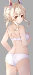  1girl :o ass ayanami_(azur_lane) azur_lane back bangs bare_arms bare_shoulders blonde_hair blush bra breasts commentary_request cowboy_shot eyebrows_visible_through_hair from_behind grey_background hair_between_eyes hair_ornament hand_on_own_chest highres long_hair looking_at_viewer looking_back medium_breasts moko_(mokomozi11) orange_eyes panties parted_lips ponytail shoulder_blades sidelocks simple_background solo underwear underwear_only white_bra white_panties 