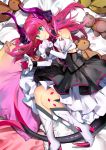  1girl asymmetrical_horns bare_shoulders blue_eyes corset curled_horns detached_sleeves dragon_girl dragon_horns dragon_tail dress elizabeth_bathory_(fate) elizabeth_bathory_(fate)_(all) fate/extra fate/extra_ccc fate_(series) flat_chest horns ice_(ice_aptx) idol layered_dress long_hair lying nail_polish on_side pink_hair pink_nails pointy_ears sleeveless sleeveless_dress stuffed_animal stuffed_toy tail teddy_bear two_side_up 