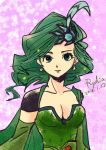  1girl breasts cape cleavage commentary_request dress earrings final_fantasy final_fantasy_iv green_eyes green_hair hair_ornament jewelry long_hair looking_at_viewer older rydia solo yadoso 
