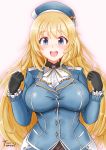  1girl atago_(kantai_collection) beret black_gloves blonde_hair blue_eyes blue_hat blush breasts eyebrows_visible_through_hair gloves gradient gradient_background hair_between_eyes hat highres kantai_collection large_breasts long_hair military military_uniform open_mouth smile solo uniform uratomomin very_long_hair 