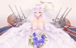  1girl absurdres azur_lane bangs belfast_(azur_lane) blue_eyes blurry blurry_background blush bouquet braid breasts bridal_veil bride cait cannon cleavage collar collarbone dress earrings eyebrows_visible_through_hair flower french_braid gloves gold gold_trim highres holding holding_bouquet huge_filesize jewelry large_breasts long_hair looking_at_viewer machinery maid_headdress paid_reward patreon_reward rigging sidelocks silver_collar silver_hair sitting smile solo strapless strapless_dress tiara union_jack veil wedding_dress white_dress 