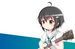  1girl :o ahoge bangs blue_background blush brown_eyes brown_hair collarbone commentary_request eyebrows_visible_through_hair gochuumon_wa_usagi_desu_ka? goth_risuto guitar hair_between_eyes holding holding_instrument instrument jouga_maya parted_lips sailor_collar school_uniform serafuku shirt short_sleeves solo two-tone_background white_background white_sailor_collar white_shirt 