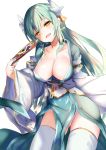 1girl absurdres amamitsu_kousuke aqua_hair bangs bottomless bow breasts cleavage dragon_girl dragon_horns eyebrows_visible_through_hair fan fate/grand_order fate_(series) green_hair hair_between_eyes highres horns japanese_clothes kimono kiyohime_(fate/grand_order) large_breasts long_hair looking_at_viewer no_bra no_panties obi open_mouth sash smile solo thigh-highs white_legwear yellow_bow yellow_eyes