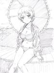  1girl arm_support bangs bikini braid breasts cat_ear_bikini cleavage closed_mouth commentary darjeeling eyebrows_visible_through_hair girls_und_panzer graphite_(medium) greyscale head_tilt highres holding holding_umbrella knees_together_feet_apart light_blush long_sleeves looking_at_viewer monochrome no_pants open_clothes open_shirt parasol pink_x print_shirt shirt short_hair sitting smile solo sweat swimsuit tied_hair traditional_media twin_braids umbrella 