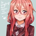  1girl blush bow cantdraw english glasses guilty_crown long_hair pink_hair smile solo text_focus third-party_source yuzuriha_inori 