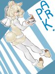  1girl alpaca_ears alpaca_suri_(kemono_friends) alpaca_tail animal_ears blonde_hair blue_eyes closed_mouth cup drink from_behind full_body fur-trimmed_footwear fur-trimmed_sleeves fur_scarf fur_trim hair_over_one_eye highres holding holding_cup horizontal_pupils kemono_friends long_sleeves looking_at_viewer looking_back medium_hair notora pantyhose pantyhose_under_shorts scarf shirt shoes shorts smile solo tail vest white_legwear white_shirt 