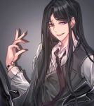  1boy black_hair black_vest grey_background long_hair looking_at_viewer loose_necktie male_focus necktie open_mouth original ronpu_cooing solo standing upper_body very_long_hair vest violet_eyes watch watch 