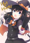  animal_ears arashio_(kantai_collection) asashio_(kantai_collection) belt black_cape black_dress black_hair blue_eyes buttons cape cat_ears cat_paws cat_tail commentary_request dress gloves halloween halloween_costume hat holding kantai_collection long_hair long_sleeves looking_at_viewer neck_ribbon open_mouth orange_ribbon paws pinafore_dress ribbon school_uniform searchlight shirt simple_background tail twitter_username white_gloves white_shirt witch witch_hat yuasa_makoto 
