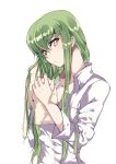  1girl c.c. code_geass collarbone dress_shirt eyebrows_visible_through_hair green_hair hair_between_eyes head_tilt holding holding_towel long_hair looking_at_viewer meimi_k shiny shiny_hair shirt simple_background solo towel upper_body very_long_hair wet wet_hair white_background white_shirt yellow_eyes 