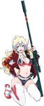  +_+ 1girl absurdres belt bikini_top black_shorts blonde_hair blue_hair boots breasts cloud_hair cosplay curly_hair earrings flame_print green_eyes gun hair_between_eyes hand_on_hip highres jacket jewelry kneeling large_breasts long_hair looking_at_viewer multicolored_hair navel nia_teppelin open_clothes open_jacket pretty-purin720 red_jacket rifle short_shorts shorts simple_background solo stomach studded_belt tengen_toppa_gurren_lagann thigh-highs thigh_boots two-tone_hair weapon white_background white_legwear yoko_littner yoko_littner_(cosplay) 