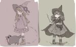  2girls bird black_hair blush boots bow brown_hair cat cloak closed_mouth commentary_request dress fairyapple full_body grey_eyes hat long_hair long_sleeves multiple_girls original russian_commentary simple_background sketch smile witch_hat 