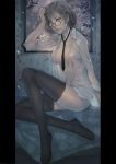  1girl 2018 arm_support asdj barefoot blonde_hair dated glasses highres lips looking_at_viewer mole naked_shirt necktie original parted_lips realistic shirt short_hair signature sitting solo thigh-highs tree_branch window yellow_eyes 