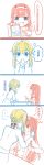  2girls 4koma :d blonde_hair blue_eyes blush book bow braid comic crossover darling_in_the_franxx eyebrows_visible_through_hair fang french_braid hair_between_eyes hair_bun hair_intakes hair_ornament hairband highres horns kiss long_hair long_sleeves looking_at_another military military_uniform motion_lines multiple_girls necktie open_mouth orange_neckwear pink_hair pointing red_bow red_horns season_connection slms smile sweatdrop translation_request uniform violet_evergarden violet_evergarden_(character) yuri zero_two_(darling_in_the_franxx) 