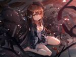  1girl bangs barefoot black_gloves black_hat black_jacket blurry blurry_foreground blush brown_eyes brown_hair commentary_request criss-cross_halter depth_of_field dress eyebrows_visible_through_hair fingerless_gloves girls_frontline gloves hair_between_eyes half-closed_eye halterneck hands_on_lap hat heterochromia jacket long_hair looking_at_viewer m1014_(girls_frontline) open_clothes open_jacket open_mouth own_hands_together puddle red_eyes seero short_dress shotgun_shells sitting solo tilted_headwear uneven_eyes very_long_hair wariza water white_dress 