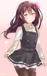  1girl arashio_(kantai_collection) arashio_(kantai_collection)_(cosplay) bangs black_belt black_dress blush breasts brown_hair closed_mouth collared_shirt commentary_request cosplay cowboy_shot double-breasted dress high_belt juurouta kantai_collection kisaragi_(kantai_collection) legs_together long_hair long_sleeves looking_at_viewer pantyhose shirt single_horizontal_stripe sketch_eyebrows solo white_shirt wing_collar 