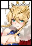  1girl ahoge artoria_pendragon_(all) artoria_pendragon_(lancer) bangs blonde_hair blush braid breasts cape cleavage cleavage_cutout closed_mouth commentary_request crown fate/grand_order fate_(series) french_braid fur-trimmed_cape fur_trim green_eyes hair_between_eyes large_breasts orange_maru red_cape sidelocks swept_bangs 