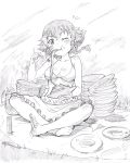  1girl :t apron bangs barefoot bikini braid breasts cleavage closed_mouth collarbone commentary cup eating eyebrows_visible_through_hair food full_body girls_und_panzer head_tilt highres holding holding_food holding_plate looking_at_viewer medium_breasts mug notice_lines one_eye_closed pasta pepperoni_(girls_und_panzer) picnic pink_x plate short_hair side_braid sitting solo swimsuit waist_apron 