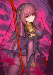  1girl ass bare_tree bodysuit breasts commentary_request dual_wielding fate/grand_order fate_(series) gae_bolg hair_intakes highres holding holding_weapon langya_beike large_breasts leotard long_hair looking_at_viewer pauldrons polearm purple_background purple_bodysuit purple_hair purple_leotard red_eyes scathach_(fate)_(all) scathach_(fate/grand_order) shoulder_armor smile spear tree veil weapon 