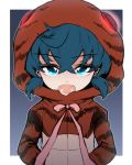  1girl bangs blue_eyes blue_hair brown_jacket commentary eyebrows_visible_through_hair fangs frown grey_background hands_in_pockets hood hood_up hoodie jacket kemono_friends looking_at_viewer mityubi neck_ribbon open_mouth outside_border pink_neckwear ribbon short_hair solo standing striped_hoodie striped_jacket tsuchinoko_(kemono_friends) upper_body 