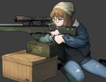  1girl blue_jacket box brown_hair crate denim grey_background gun hat highres jacket jeans looking_to_the_side military one_eye_closed original pants rifle seriousman sitting sniper_rifle sniper_scope squinting torn_clothes torn_jeans torn_pants watch watch weapon 
